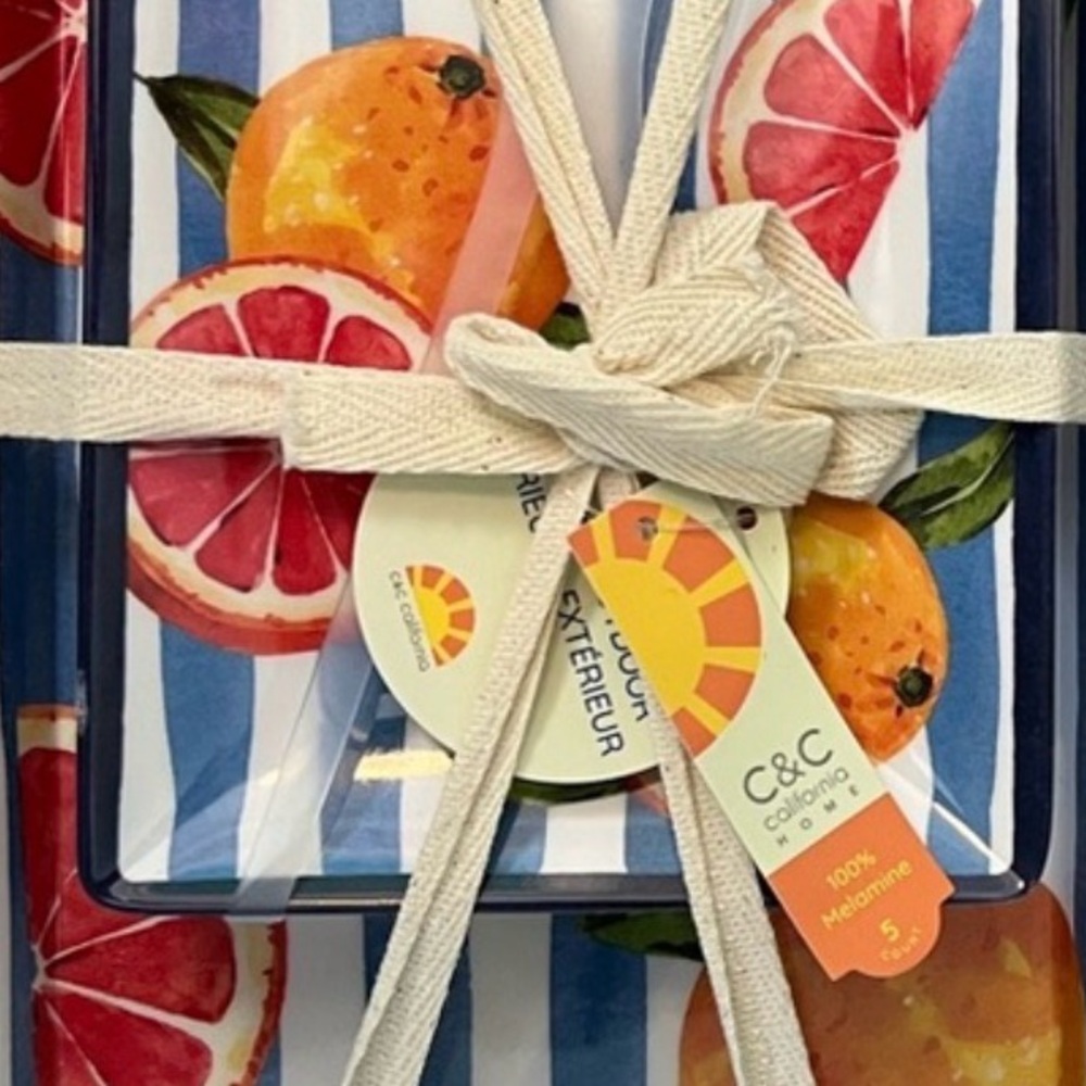SET of 2 Melamine Trays & 8 plates! Navy & White Striped w/ Orange Slices Design